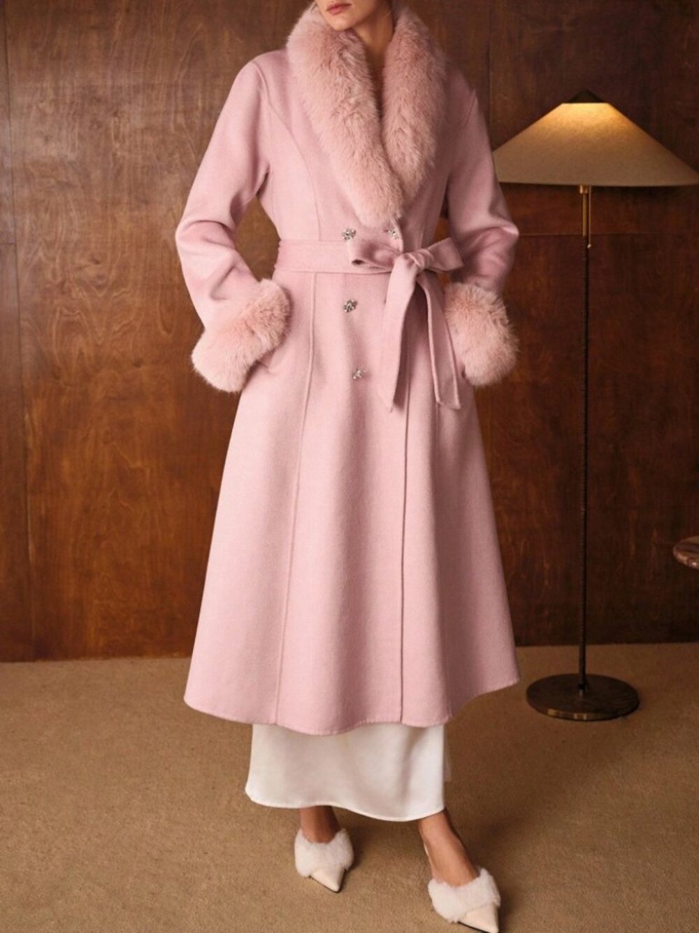 Pink Faux Fur Trim Belted Shawl Collar Wool Midi Coat